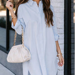 Plus Size Striped Print Button Front Long Sleeve Mini Shirt Dress
