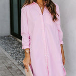Plus Size Striped Print Button Front Long Sleeve Mini Shirt Dress