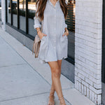Plus Size Striped Print Button Front Long Sleeve Mini Shirt Dress