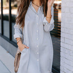 Plus Size Striped Print Button Front Long Sleeve Mini Shirt Dress