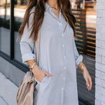 Plus Size Striped Print Button Front Long Sleeve Mini Shirt Dress
