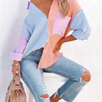 Zeagoo Zeagoo Women's Color Block Button Down Shirts Patchwork Oversized Long Sleeve Blouse Top with Pockets