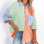 Zeagoo Zeagoo Women's Color Block Button Down Shirts Patchwork Oversized Long Sleeve Blouse Top with Pockets