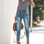 Nadorine Destroyed Raw Hem Jeans Ripped Hole Denim Pants