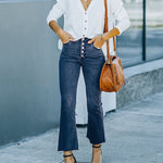 Nadorine Buckle Design High-waisted Micro-flared Jeans Casual Cropped Pants