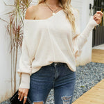 Nadorine Bat Sleeve Twist Knitwear Loose Pullover, Off-shoulder Sweater