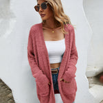 Fuzzy Knitted Sweater Cardigan with Pockets Soft Open Front Long Sweater Outerwear