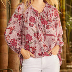 Nadorine Round Neck Long Sleeve Shirt Floral Print Lantern Sleeve Tunic Top