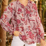 Nadorine Round Neck Long Sleeve Shirt Floral Print Lantern Sleeve Tunic Top