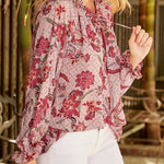 Nadorine Round Neck Long Sleeve Shirt Floral Print Lantern Sleeve Tunic Top