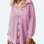 Nadorine Waffle Knit Button Down Shirt Long Sleeve Loose Solid Color Tops