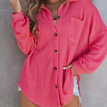 Nadorine Waffle Knit Button Down Shirt Long Sleeve Loose Solid Color Tops