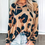 Long Sleeve Tops Leopard Round Neck Tee Casual Plus Size Blouse Tops