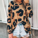 Long Sleeve Tops Leopard Round Neck Tee Casual Plus Size Blouse Tops
