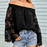 Nadorine Off The Shoulder Tops Floral Print Casual Loose Chiffon Bell Sleeve Blouse Shirts