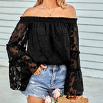 Nadorine Off The Shoulder Tops Floral Print Casual Loose Chiffon Bell Sleeve Blouse Shirts
