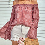 Nadorine Off The Shoulder Tops Floral Print Casual Loose Chiffon Bell Sleeve Blouse Shirts