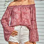 Nadorine Off The Shoulder Tops Floral Print Casual Loose Chiffon Bell Sleeve Blouse Shirts