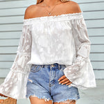 Nadorine Off The Shoulder Tops Floral Print Casual Loose Chiffon Bell Sleeve Blouse Shirts