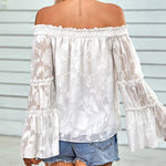 Nadorine Off The Shoulder Tops Floral Print Casual Loose Chiffon Bell Sleeve Blouse Shirts