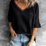 Nadorine Casual V Neck Tops 3/4 Sleeve T-Shirt Tees with Pocket