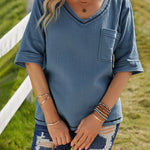 Nadorine Casual V Neck Tops 3/4 Sleeve T-Shirt Tees with Pocket