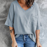 Nadorine Casual V Neck Tops 3/4 Sleeve T-Shirt Tees with Pocket