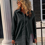 Nadorine Long Sleeve Lapel Cardigan Top Simple Solid Color Loose Fashion Casual Shirt