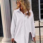 Nadorine Long Sleeve Lapel Cardigan Top Simple Solid Color Loose Fashion Casual Shirt