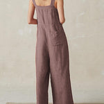 Nadorine Women's Cotton Linen Romper Solid Color Sleeveless Square Neck Backless Jumpsuit
