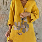 V-Neck Baggy Midi Dress Tshirt Top Long -Sleeve A Line Swing Dress