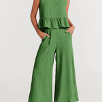 Nadorine 2 Piece Outfits Sleeveless Ruffle Tank Crop Top and Wide Leg Pants Lounge Set with Pockets