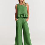 Nadorine 2 Piece Outfits Sleeveless Ruffle Tank Crop Top and Wide Leg Pants Lounge Set with Pockets