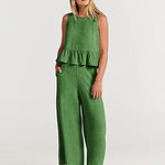 Nadorine 2 Piece Outfits Sleeveless Ruffle Tank Crop Top and Wide Leg Pants Lounge Set with Pockets
