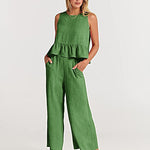Nadorine 2 Piece Outfits Sleeveless Ruffle Tank Crop Top and Wide Leg Pants Lounge Set with Pockets