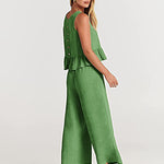 Nadorine 2 Piece Outfits Sleeveless Ruffle Tank Crop Top and Wide Leg Pants Lounge Set with Pockets