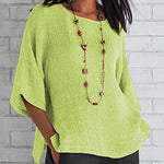 Nadorine Cropped Sleeves Cotton Linen T-Shirt Boho Vintage Loose Fit Tunic Tops Plain Crewneck Tees
