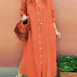 Long Sleeve V Neck Slim Fit Fashion Button Up Dress Sexy Linen Blend Long Dress Shirt Dress