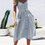 Solid Color Strap Open V-Neck Back Women's Dress with Pockets