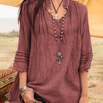 Nadorine Solid V-Neck Tees Lace Splicing Fold Blouse Flowy Casual Loose Fit Shirt