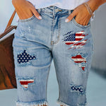Independence Day Knee-Length Denim Shorts Flag Frayed Ripped Distressed Stretch Jeans