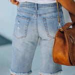Independence Day Knee-Length Denim Shorts Flag Frayed Ripped Distressed Stretch Jeans