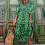 Nadorine Women's Breathable Lantern Sleeve Floral Print Long Dress Loose V-Neck Fashion Summer Beach Dress