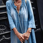 V Neck Ruffle Faux Denim Maxi Dress Plus Size Casual 3/4 Seeve Flowy Tiered Long Dresses