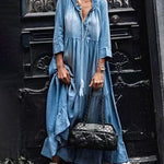 V Neck Ruffle Faux Denim Maxi Dress Plus Size Casual 3/4 Seeve Flowy Tiered Long Dresses