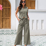 Effortlessly Chic Cotton Sleeveless Vest and Wide Leg Pants Set