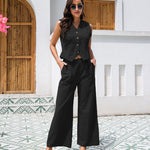 Effortlessly Chic Cotton Sleeveless Vest and Wide Leg Pants Set