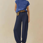 Two Piece Matching Sets Short Sleeve Pullover Tops Solid Color High Waisted Lounge Pants