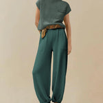 Two Piece Matching Sets Short Sleeve Pullover Tops Solid Color High Waisted Lounge Pants