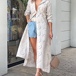 Solid Color Hollowed-Out Embroidery Shirt Dress Casual Long Sleeve Maxi Dress